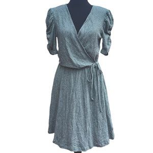 Charming Charlie Faux Wrap Sweater Dress Short Sleeve Stripe Plunging V Neck Med